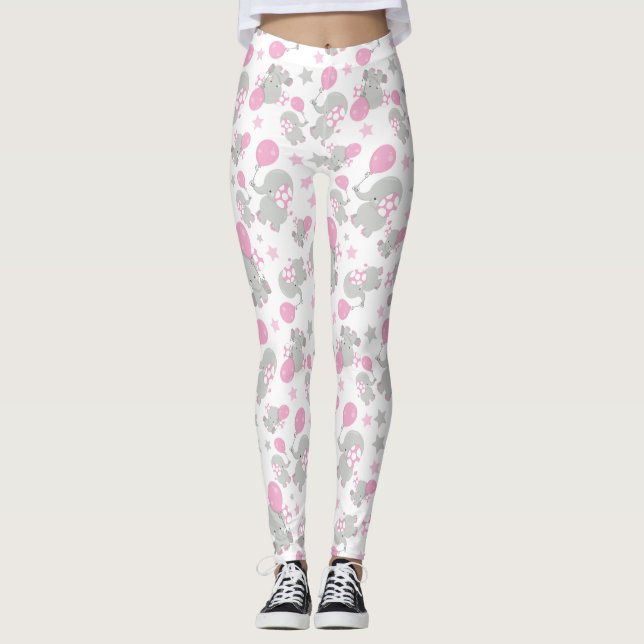 Leggings Pattern of Elephants, Cute Elephants - Pink Gray (Devant)