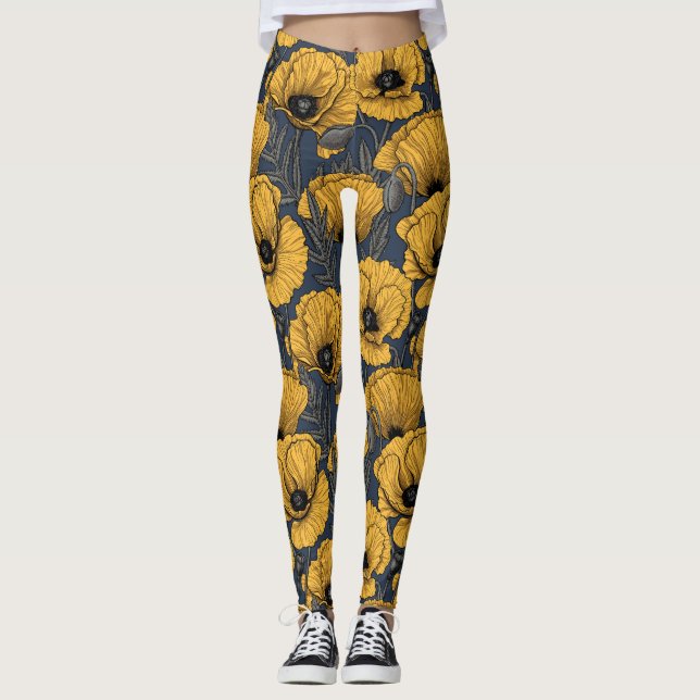 Leggings Pavot jaune sur la marine (Devant)