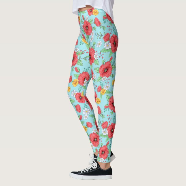 Leggings Pavot rouge et marguerites modèle floral moderne (Gauche)