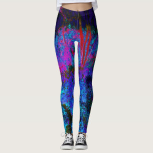 Leggings Paysage de jardin impressionniste bleu foncé et ro