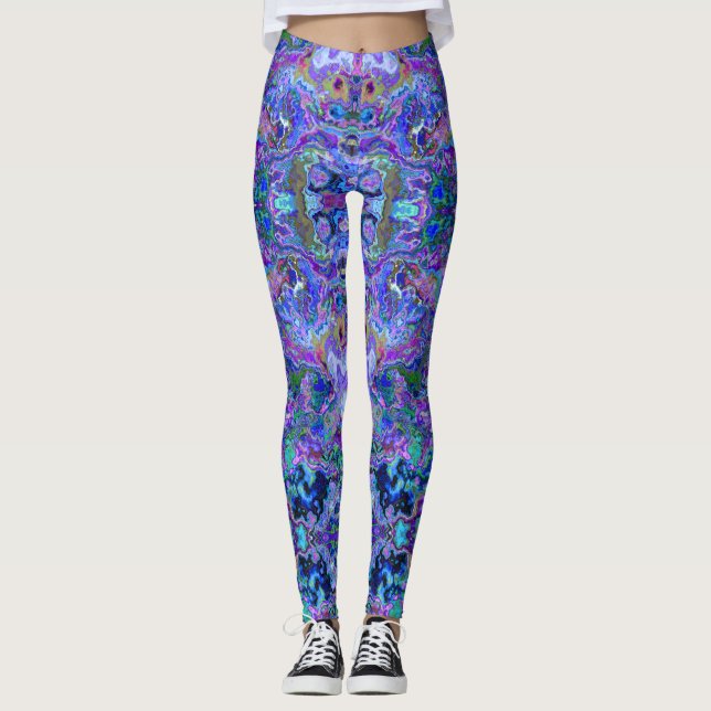 Leggings Peacock violet, bleu et vert look marbré (Devant)