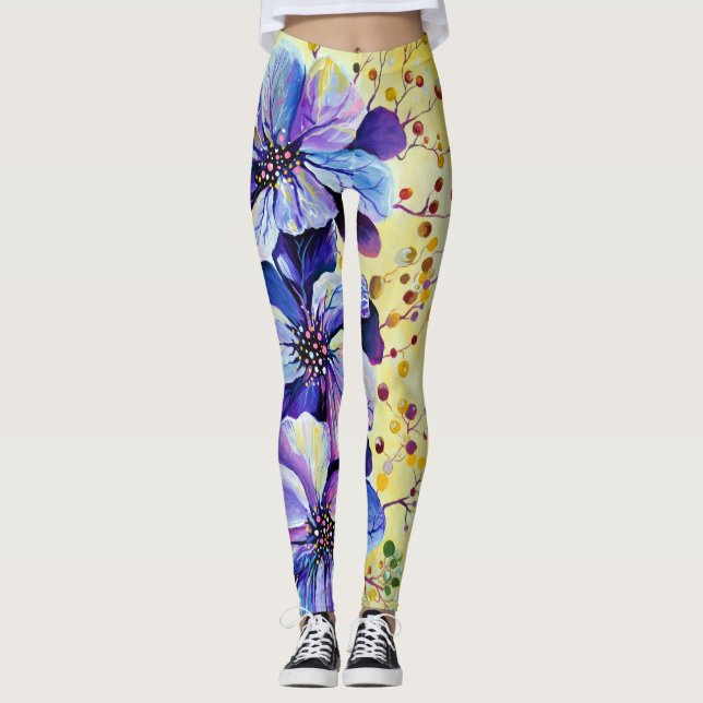 Leggings Peinture de fleurs de delphinium (Devant)