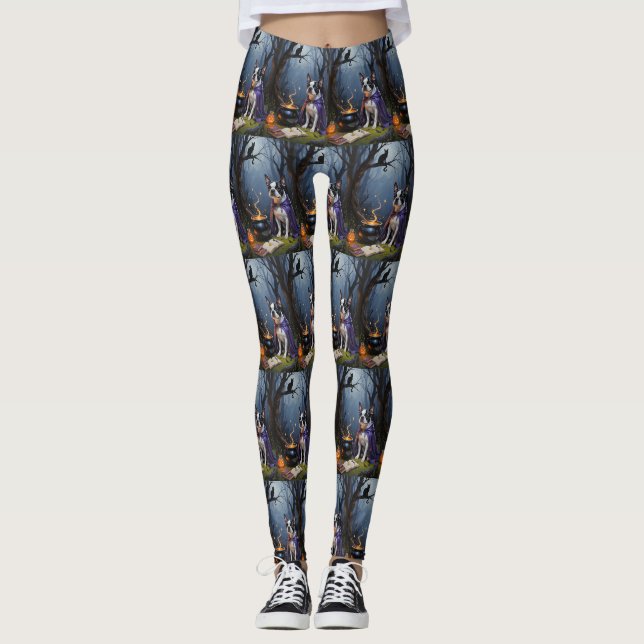 Leggings Peinture d'Halloween de Boston Terrier Chien blanc (Devant)