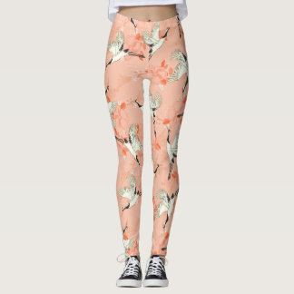 Leggings Peinture d'oiseaux de grue japonais Pink Vintage I