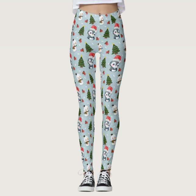 Leggings Penguin Père Noël Joyeux Joyeux motif d'arbre de N (Devant)