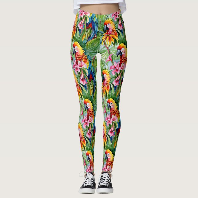 Leggings Perroquets de couleurs vives et fleurs tropicales (Devant)