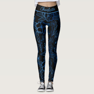 Leggings Personnalisé floral continu motif bleu noir