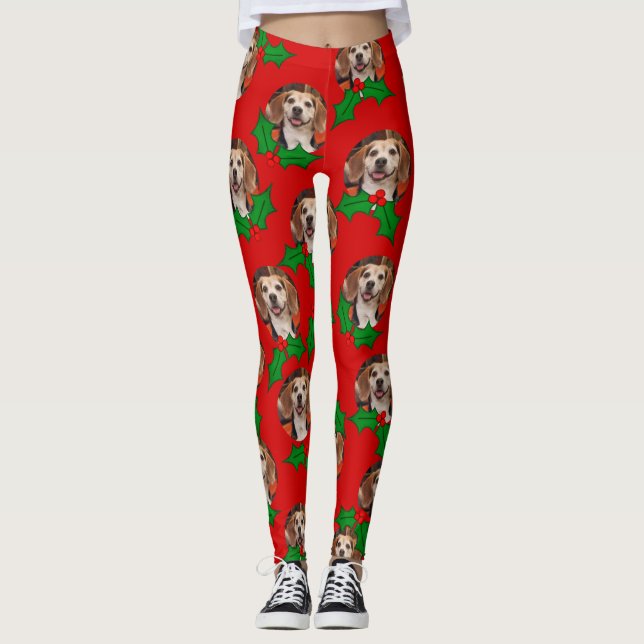 Leggings Photo d'animaux familiers Red Green Holly Noël (Devant)