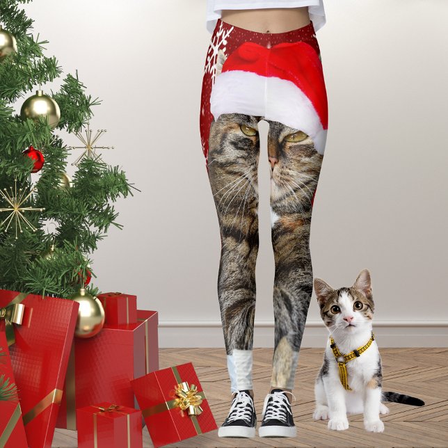 Leggings Photo de chat de Noël à Santa Hat Flocon de neige  (Christmas Cat Photo in Santa Hat Snowflake in Red Leggings)