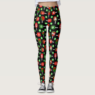Leggings Pickleball de Noël Rouge Green Paddles Balls Noir