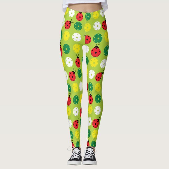 Leggings Pickleball ladybugs et picklaballs sur vert frais (Devant)