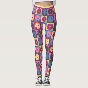 Leggings Pickleball - motif géométrique, violet et jaune.