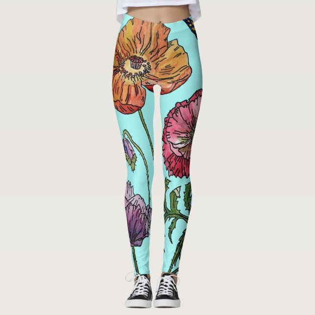 Leggings Pignon d'aquarelle florale d'Aqua Poppy (Devant)