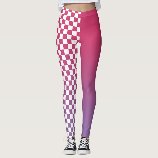 Leggings Pink à violet dégradé et À damiers Motif (Devant)