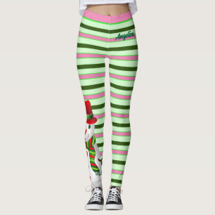 Leggings Pink and Green Holiday Stripes avec Snowman