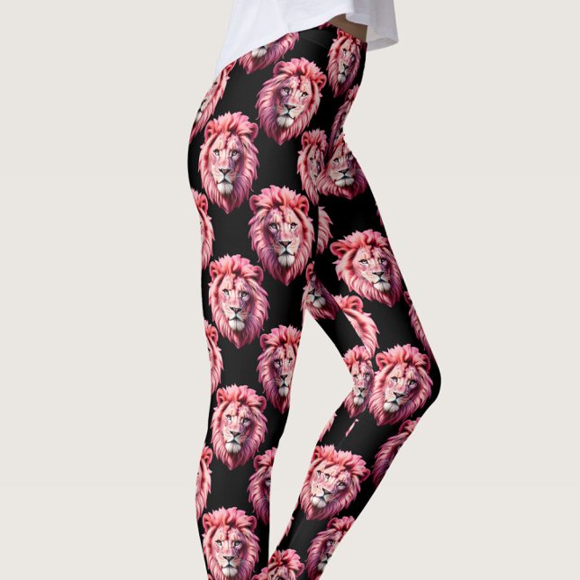 Leggings Pink Lion Head Animal Pattern Design - Black  (Créateur téléchargé)