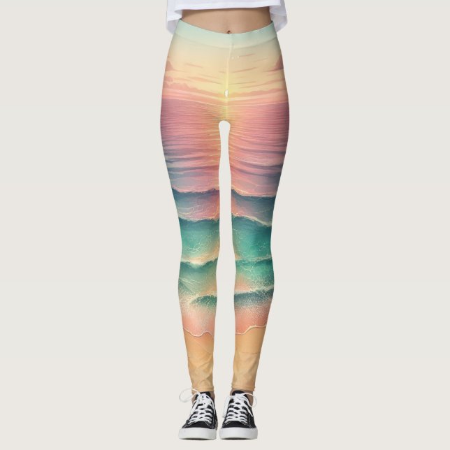 Leggings Pink Ocean Beach Sea Aquarelle Soleil Sable (Devant)