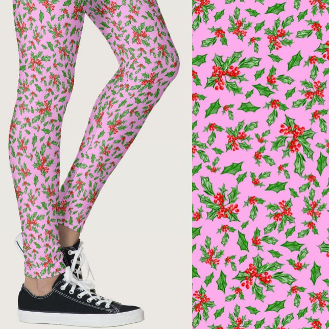 Leggings Pink, red, and green holly Christmas Patterned (Créateur téléchargé)