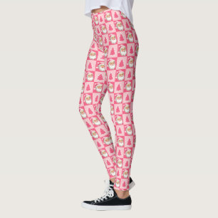 Leggings Pink Retro Santa Claus Arbre de Noël Tartan Plaid