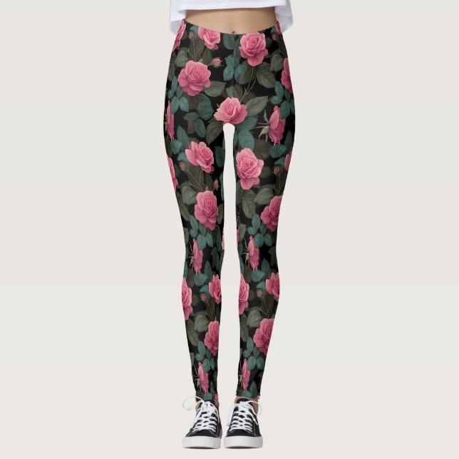Leggings Pink Roses on Black Floral Pattern (Devant)