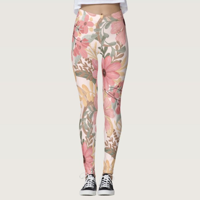 Leggings Pink Sage Vert Floral Feuille Motif d'aquarelle (Devant)