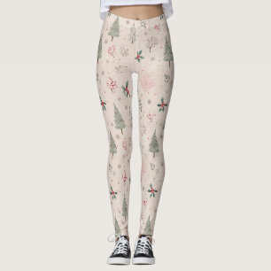 Leggings Pink Winter - Feuilles de houx, pin, flocons de ne