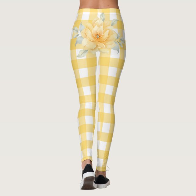 Leggings Plaid Jaune, Fleurs Butt (Dos)