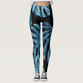 Leggings Plante Monstera : motif feuille bleu.