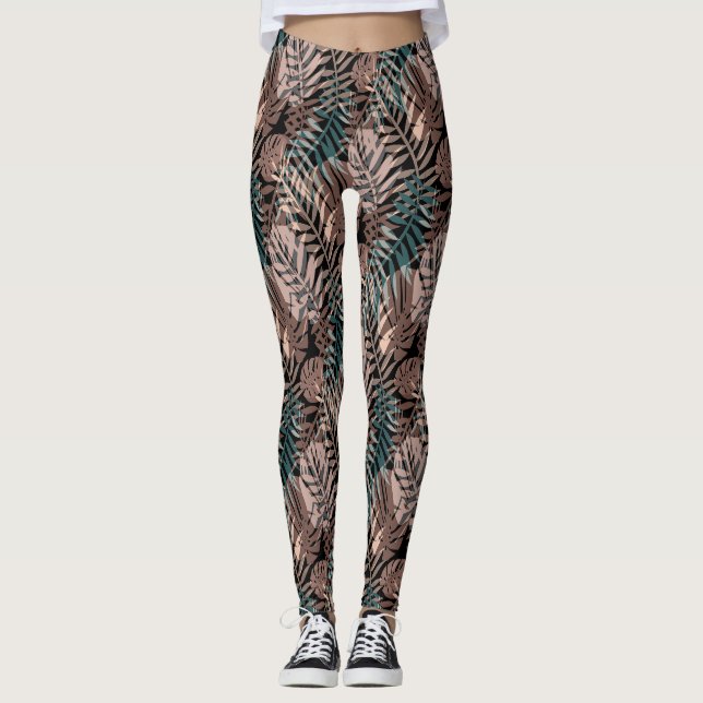Leggings Plantes tropicales, jungle, tropiques, beige, feui (Devant)