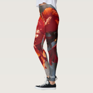 Leggings Pluie sur les fleurs orange Nom personnalisé