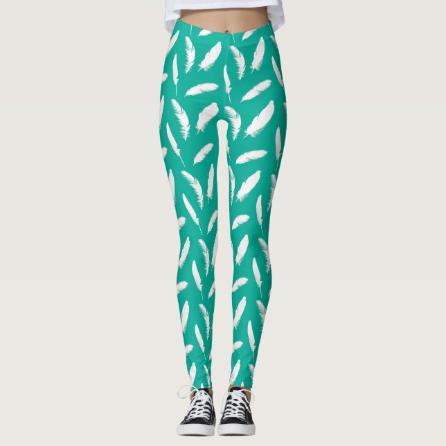 Leggings Plumes blanches Imprimer sur turquoise (Devant)