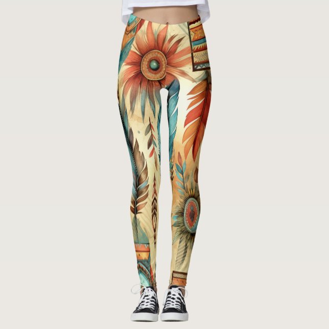 Leggings Plumes bleues de la tribu Aztec Boho (Devant)