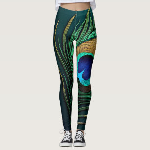 Leggings Plumes de paon chatantes en turquoise et émeraude