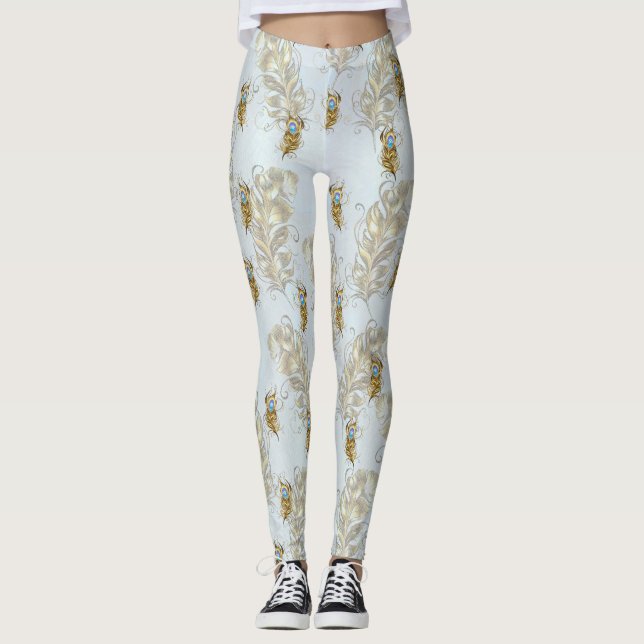 Leggings Plumes de paon doré et Feuilles (Devant)