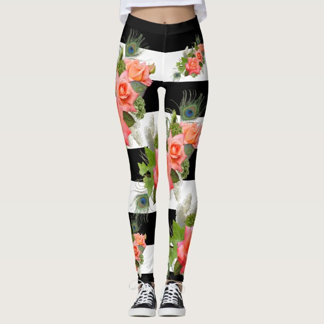 Leggings Plumes de Peacock Motifs à rayures florales roses (Devant)