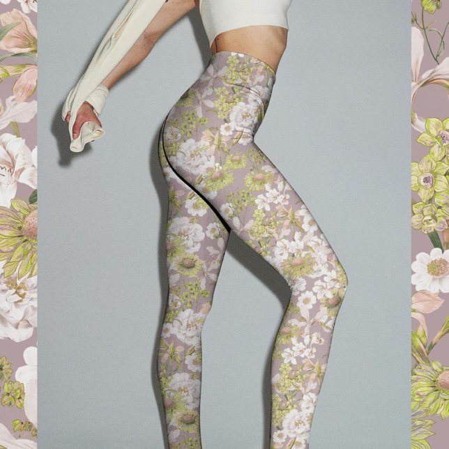 Leggings Plutôt Élégant Vert clair Neutre Motif Floral (Pretty elegant light green neutral floral pattern printed leggings for yoga, fitness, filates, etc.)