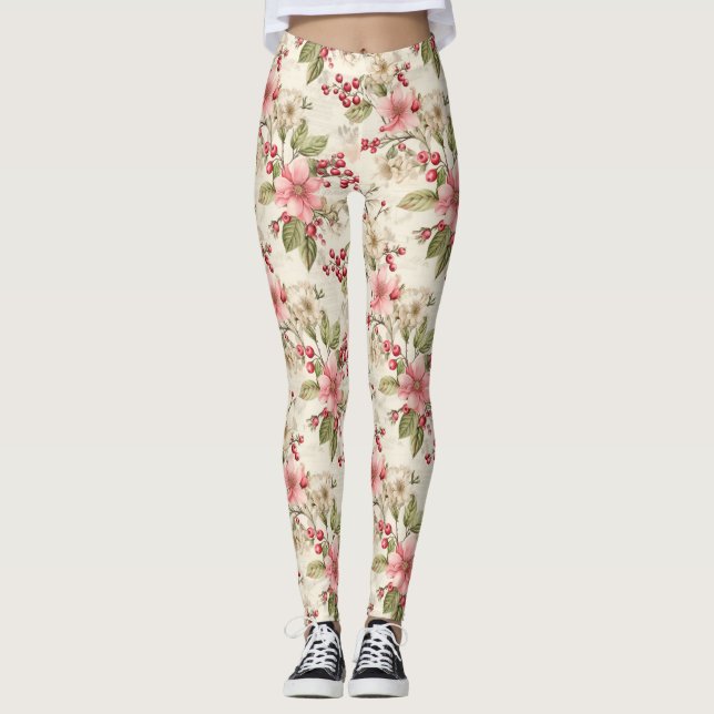 Leggings Poinsettias roses, blanches, vertes et baies rouge (Devant)