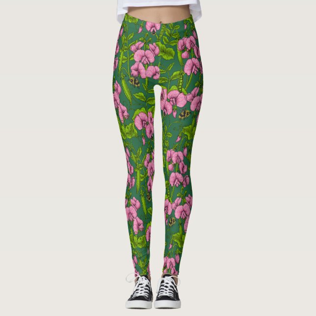 Leggings Pois doux et bourdons, vert et rose (Devant)