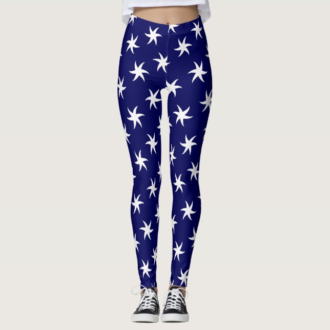 Leggings Poisson étoile blanche sur bleu marine (Devant)
