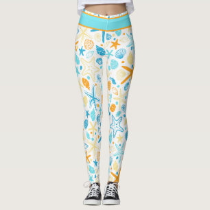 Leggings Poisson étoilée et coquillages sur blanc