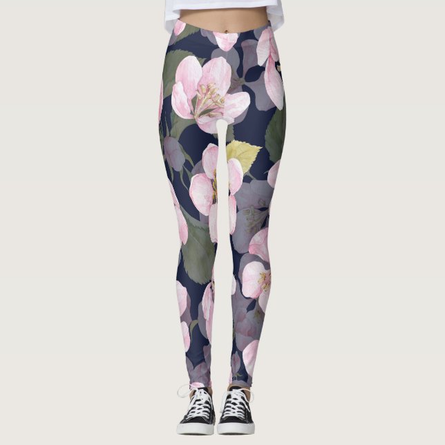 Leggings Pomme en fleurs : Aquarelle bleu foncé (Devant)
