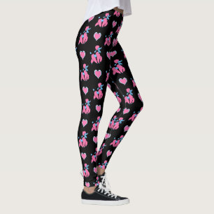 Leggings Poodles et Coeurs roses et bleus sur Noir