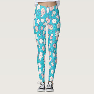 Leggings Pop Art Vintage Floral Art en Turquoise et Rose