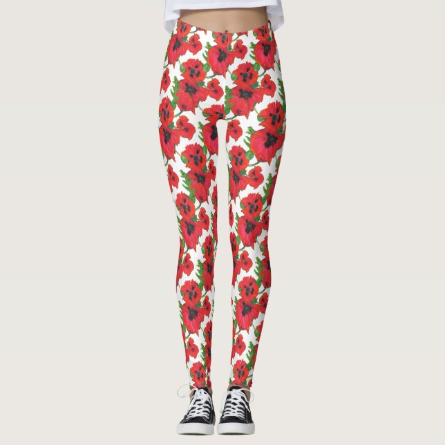 Leggings Poppies orientales rouges et noires sur blanc (Devant)