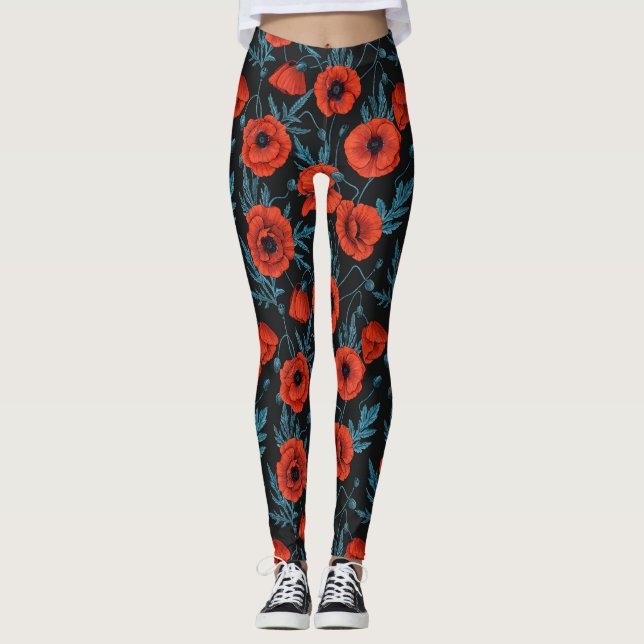 Leggings Poppies, rouge et bleu sur noir (Devant)