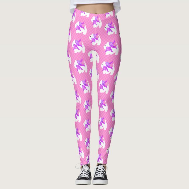 Leggings Populaire mignon blanc Westie Chien rose Check (Devant)