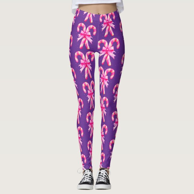Leggings Populaire mignon violet rose Sucres de canne blanc (Devant)