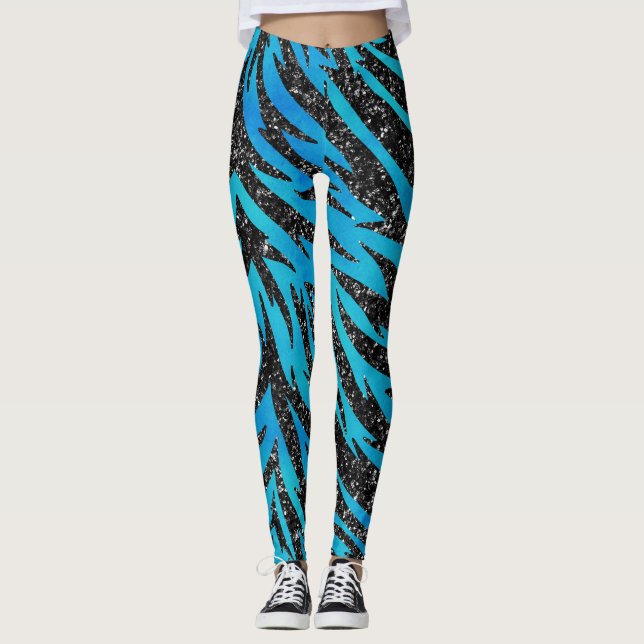 Leggings Poster de animal en bande de Tigre Bleu et Noir (Devant)