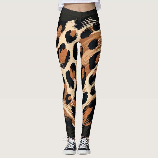 Leggings Poster de animal léopard peint en crème Brown noir (Devant)