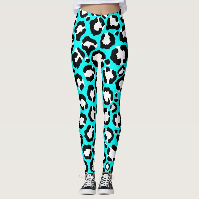 Leggings Poster de animal moderne Cyan Blue Leopard (Devant)